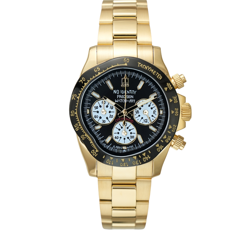 Gold Reverse Panda Chrononoid custom sport chronograph watch with a black dial face, gold sub-registers, and Seiko VK63 movement