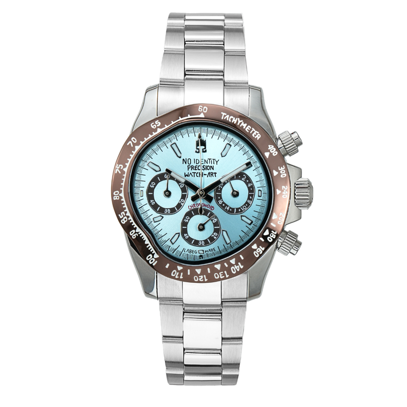 Glacier Blue Chrononoid custom meca-quartz chronograph watch with ice blue sub-dials and an asymmetrical stainless steel racing case
