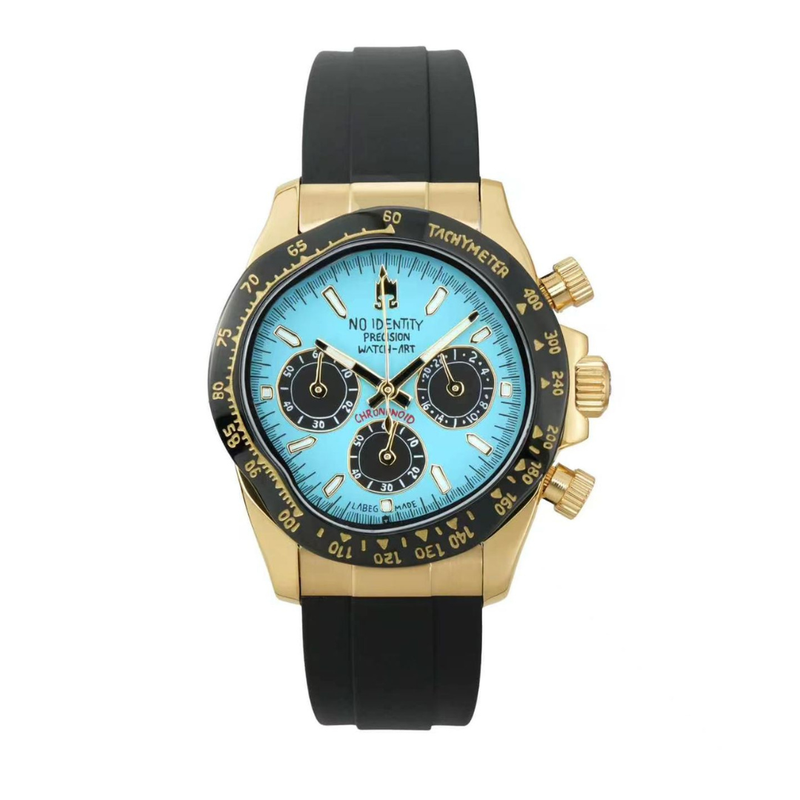 Gold Macaw Chrononoid premium yellow-gold plated luxury chronograph watch with an avant-garde asymmetrical sport case design